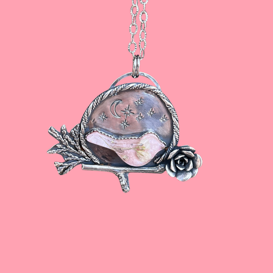 Pink Bird, Starry Night, Unique Sterling Silver necklace