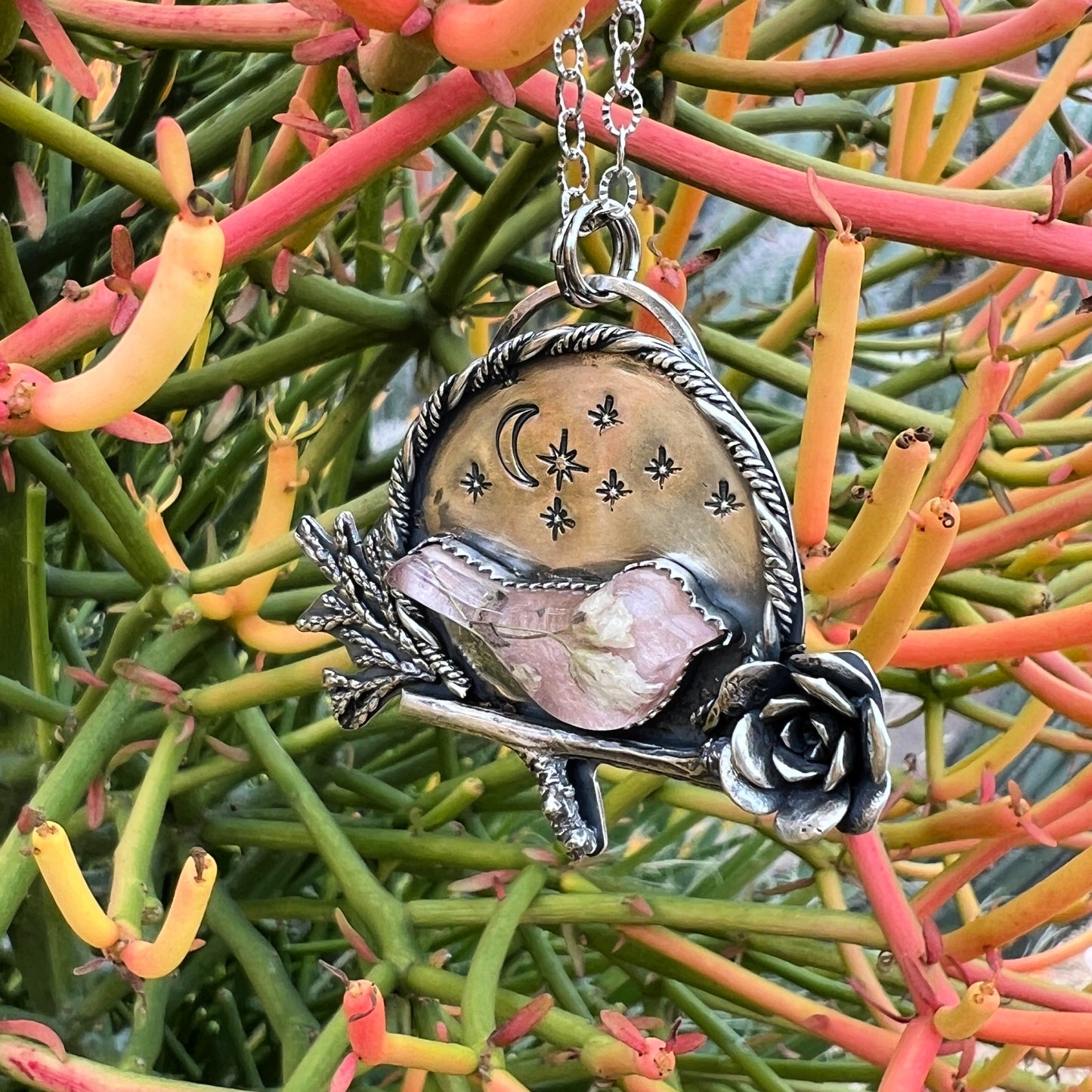 Pink Bird, Starry Night, Unique Sterling Silver necklace