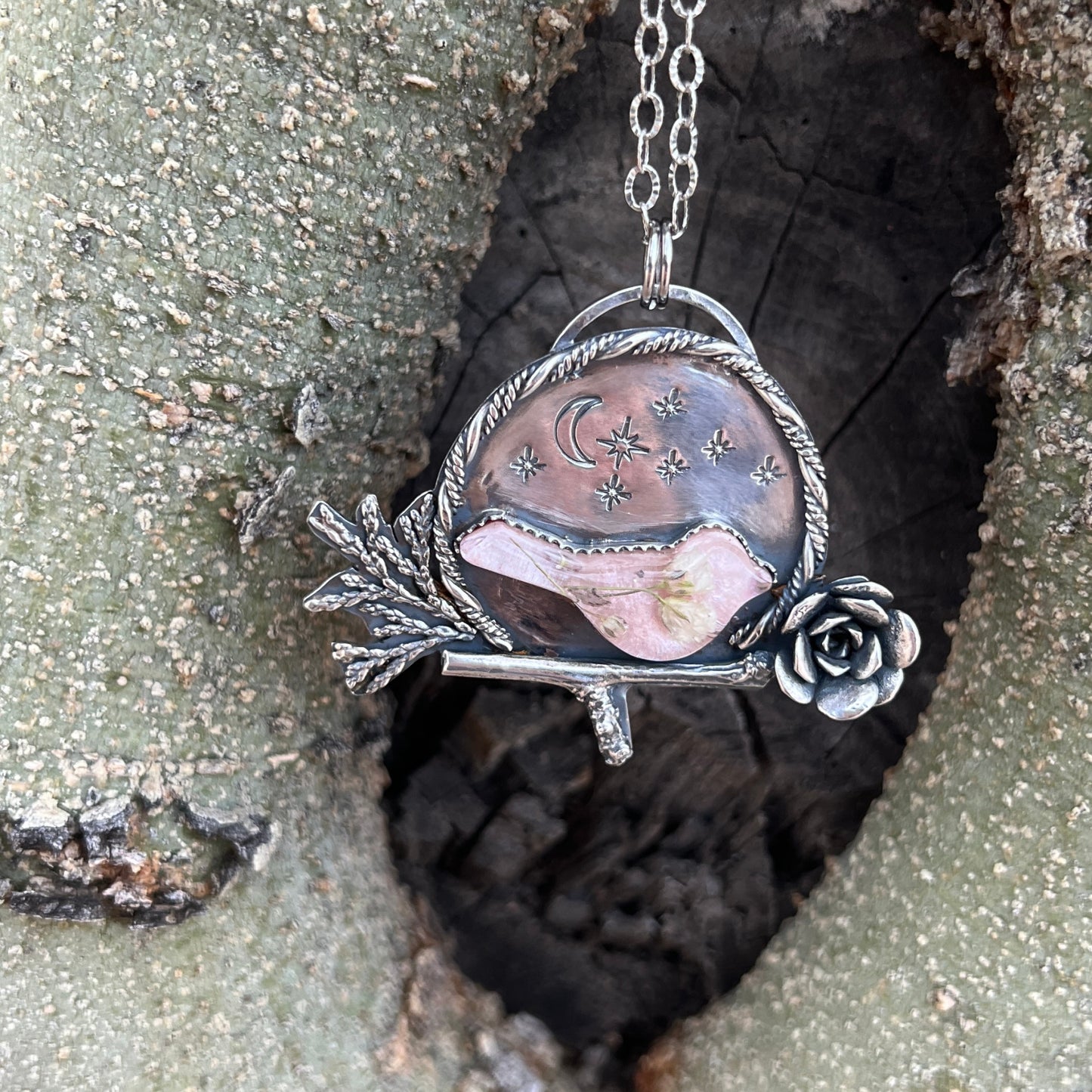 Pink Bird, Starry Night, Unique Sterling Silver necklace