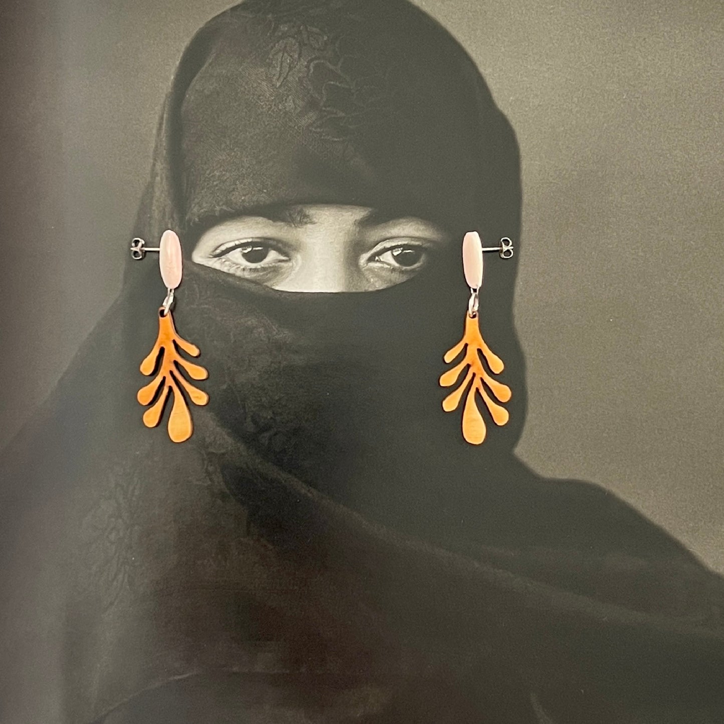 Pink porcelain & wood dangle earrings with Titanium posts