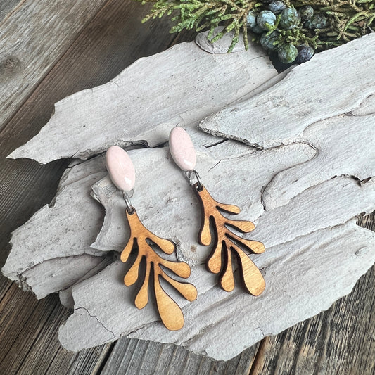 Pink porcelain & wood dangle earrings with Titanium posts