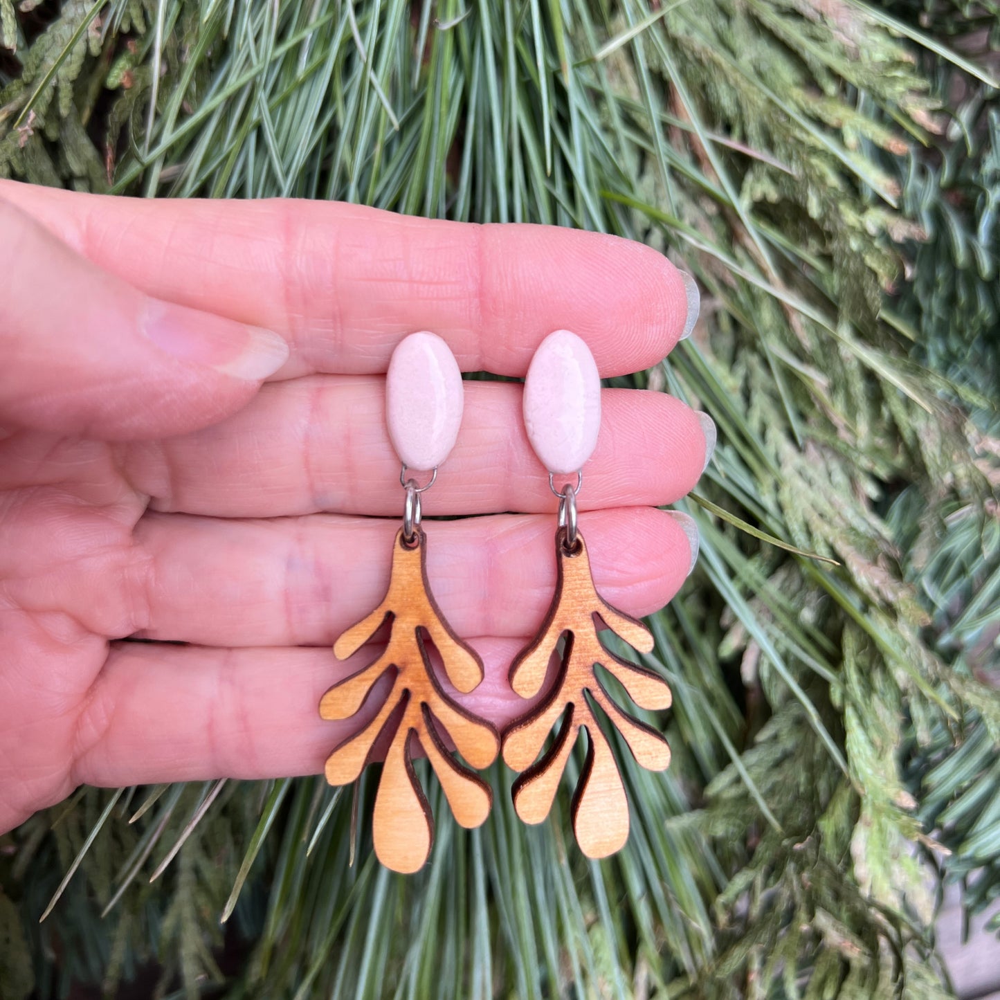 Pink porcelain & wood dangle earrings with Titanium posts