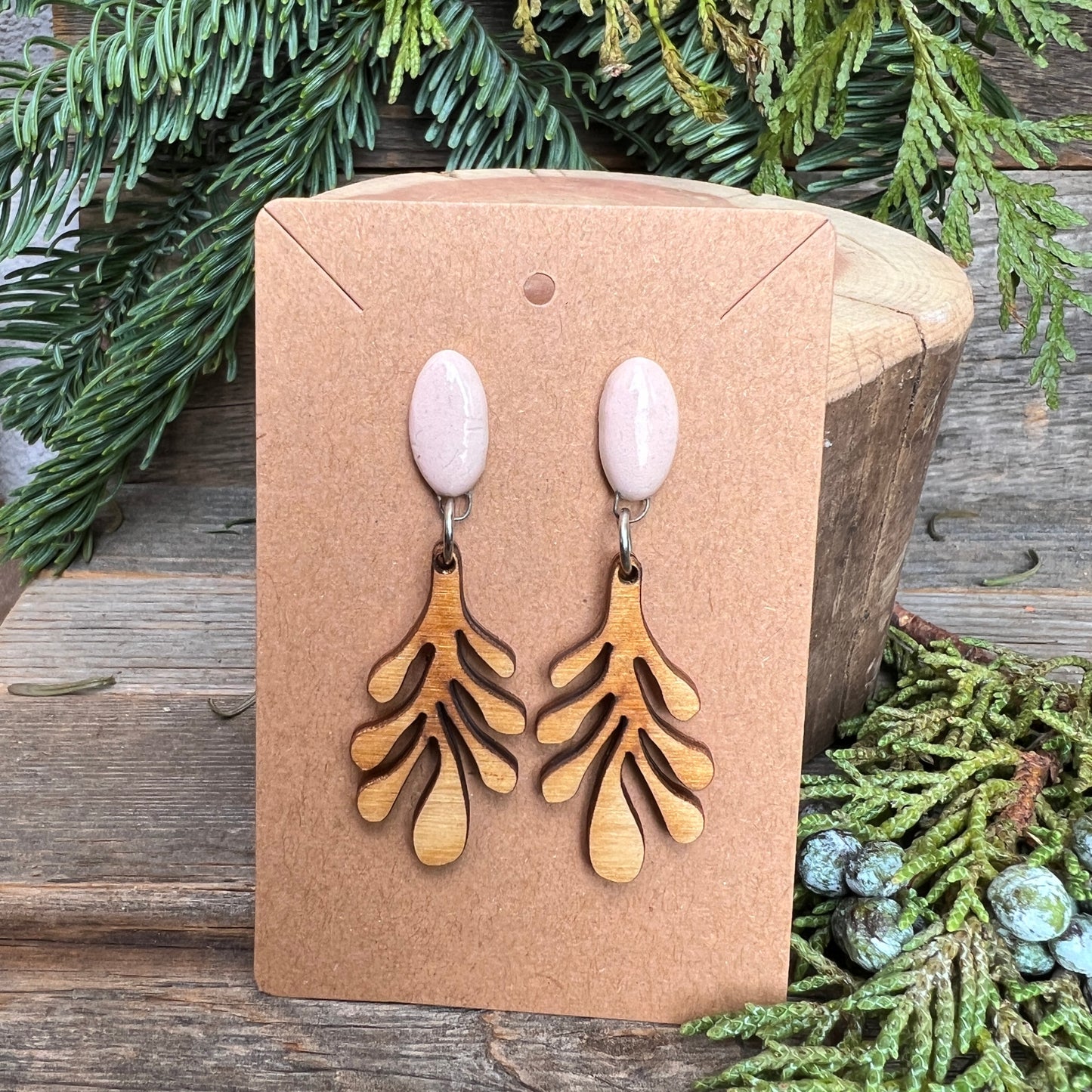 Pink porcelain & wood dangle earrings with Titanium posts