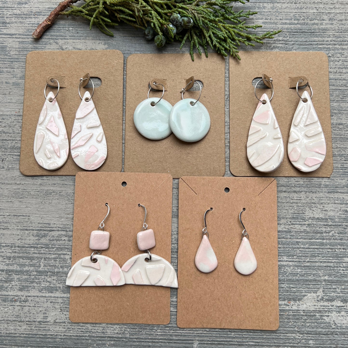 Ice blue round porcelain earrings, Sterling Silver hoops