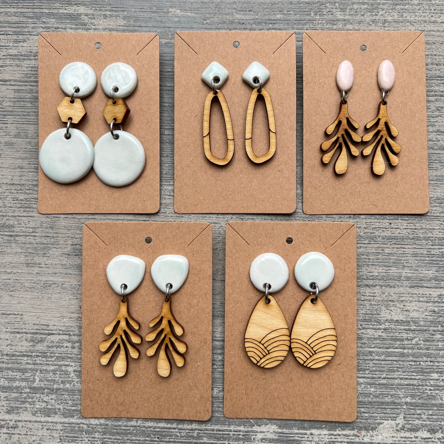 Pale blue porcelain with fun wood dangle, Titanium post earrings