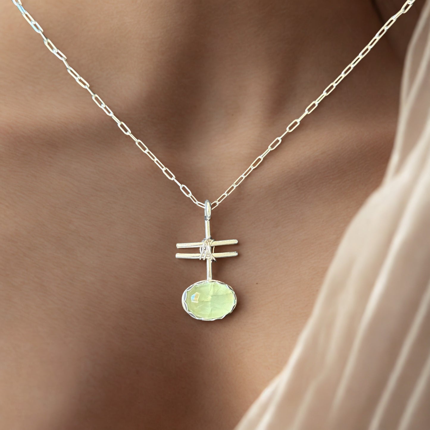 Prehnite unique handmade pendant necklace: Sterling Silver