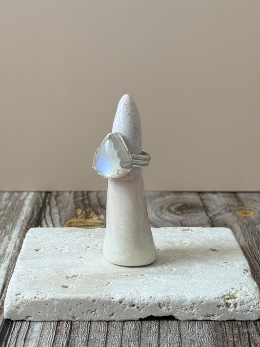 Rainbow Moonstone teardrop ring, Sterling Silver handmade Size 6.5