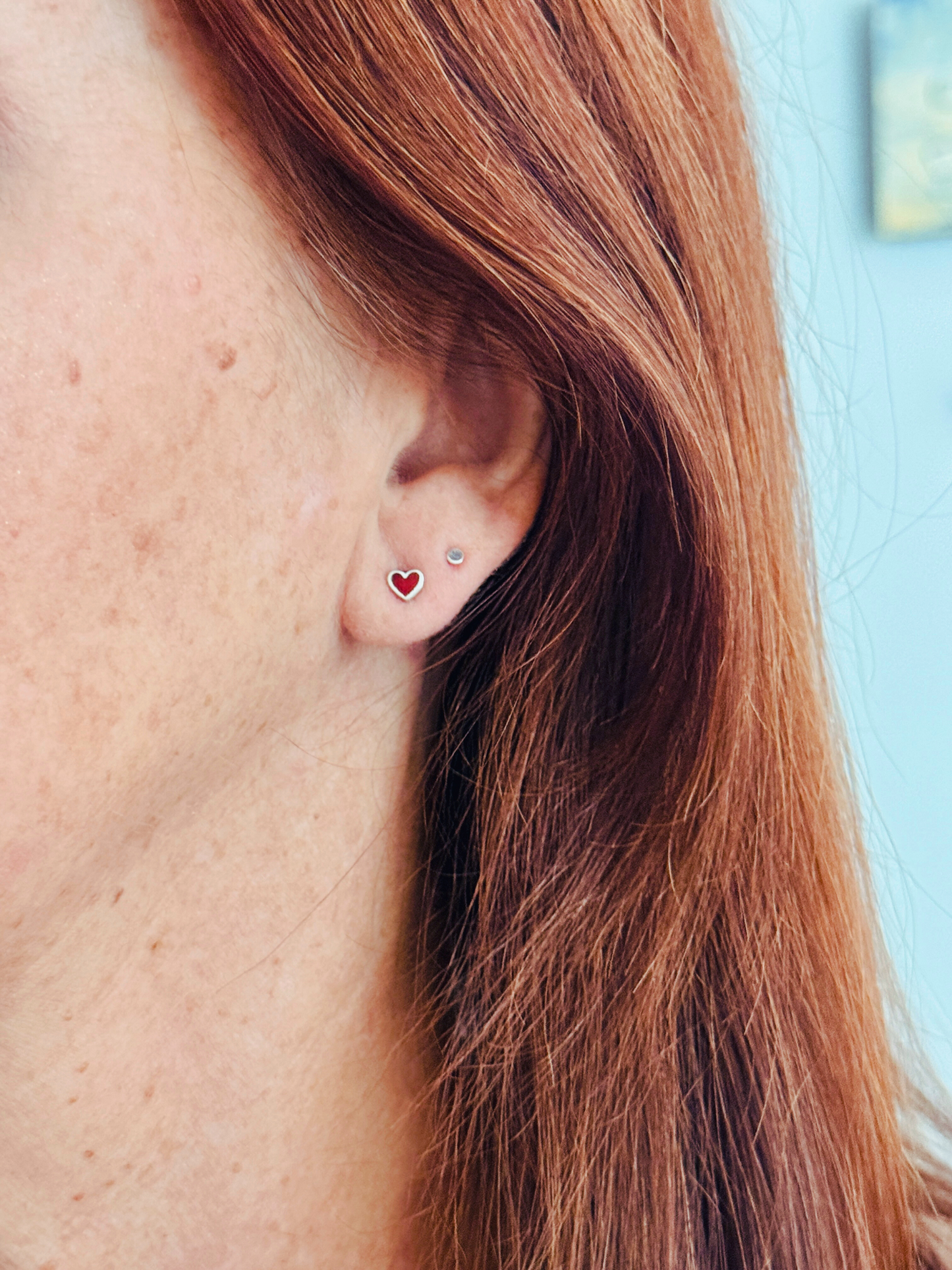 Tiny Red Heart Sterling Silver Stud Earrings: Coral Inlay