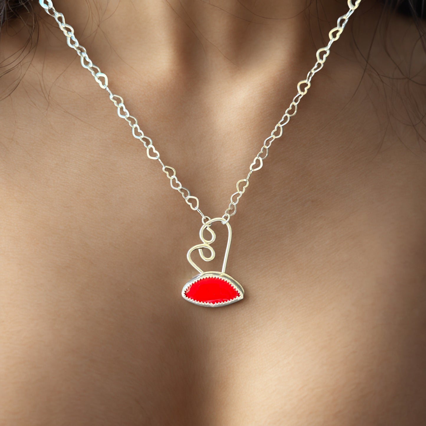Red Rosarita pendant with heart chain: Sterling Silver