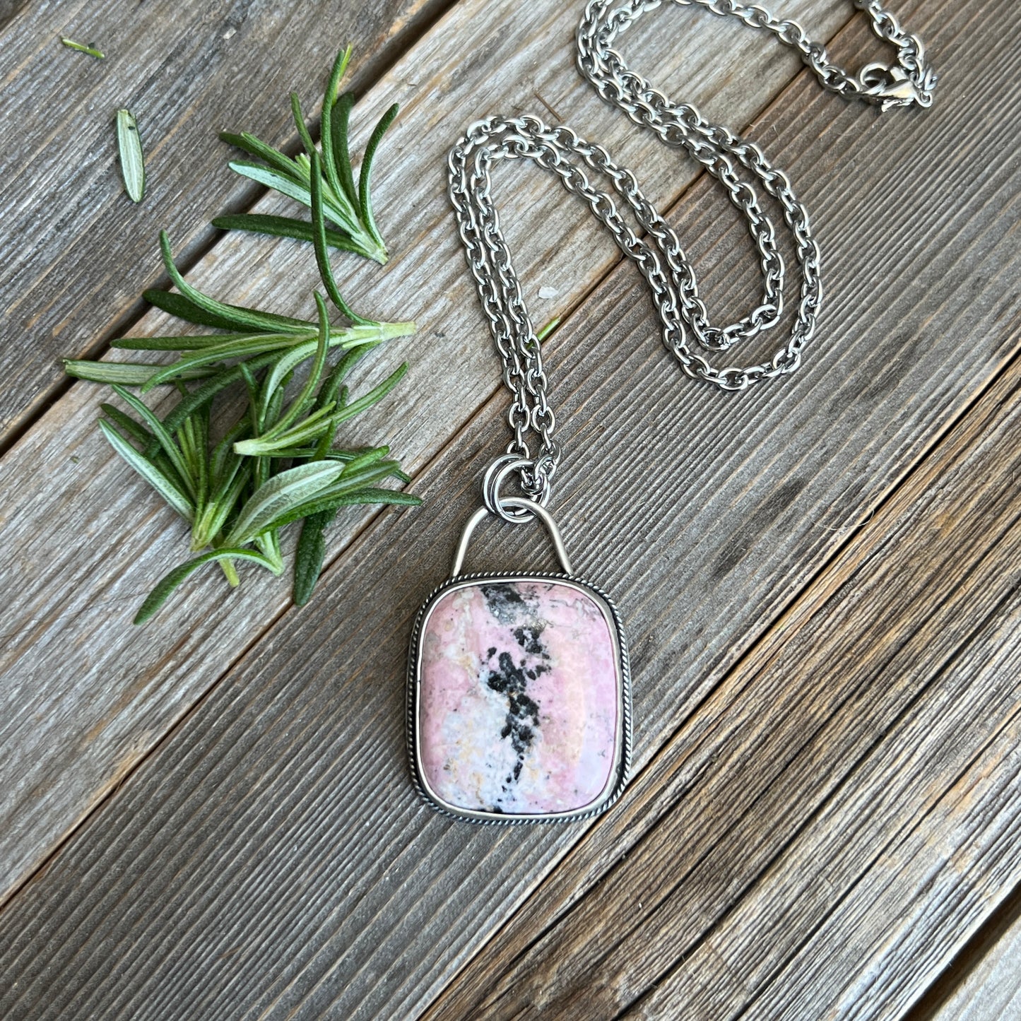 Amore in Pink: Rhodonite Sterling Silver Pendant Necklace
