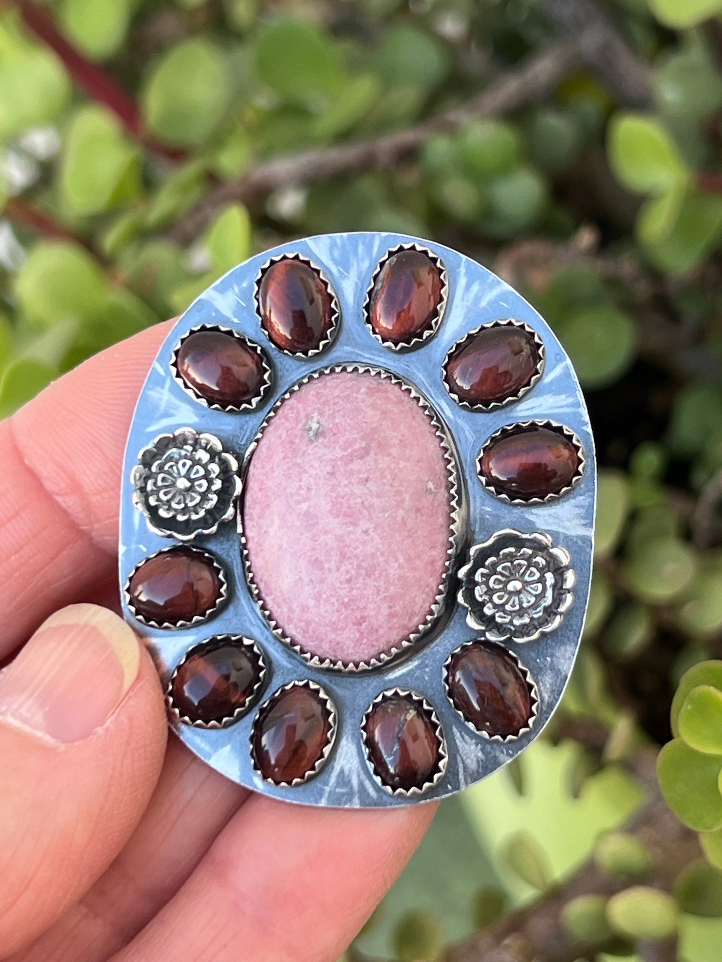 Rhodonite & Red Tigers Eye Cluster Ring with flowers: Sterling Silver