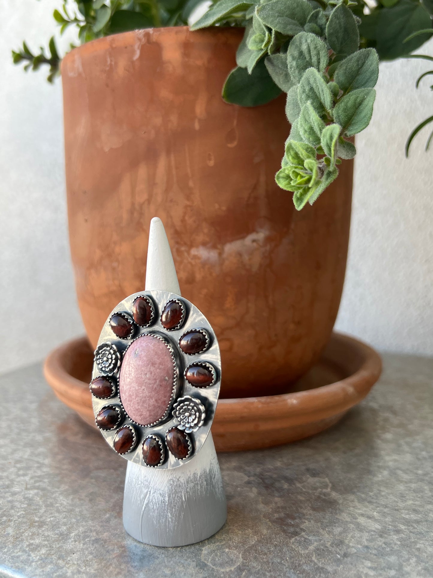 Rhodonite & Red Tigers Eye Cluster Ring with flowers: Sterling Silver