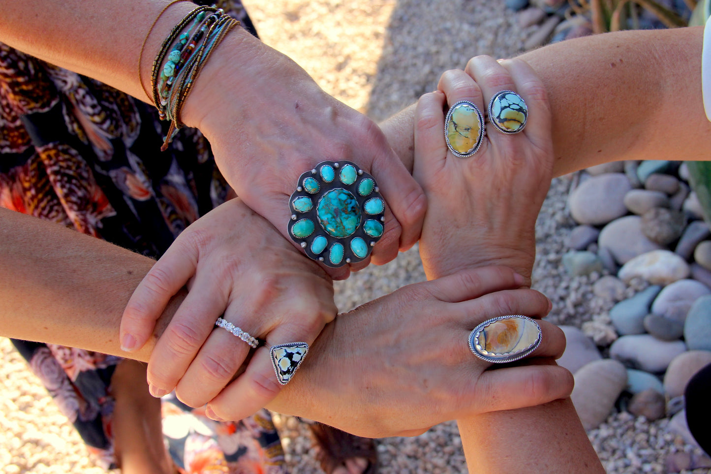 Show-Stopping Cluster Ring with Gem Chrysocholla & Turquoise: Sterling Silver