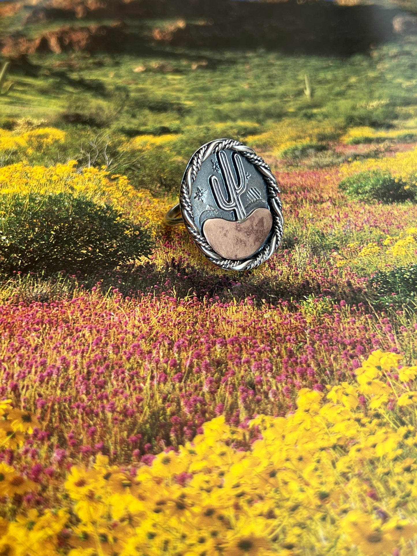 Starry Night Desert Landscape Ring with Saguaro: Sterling Silver