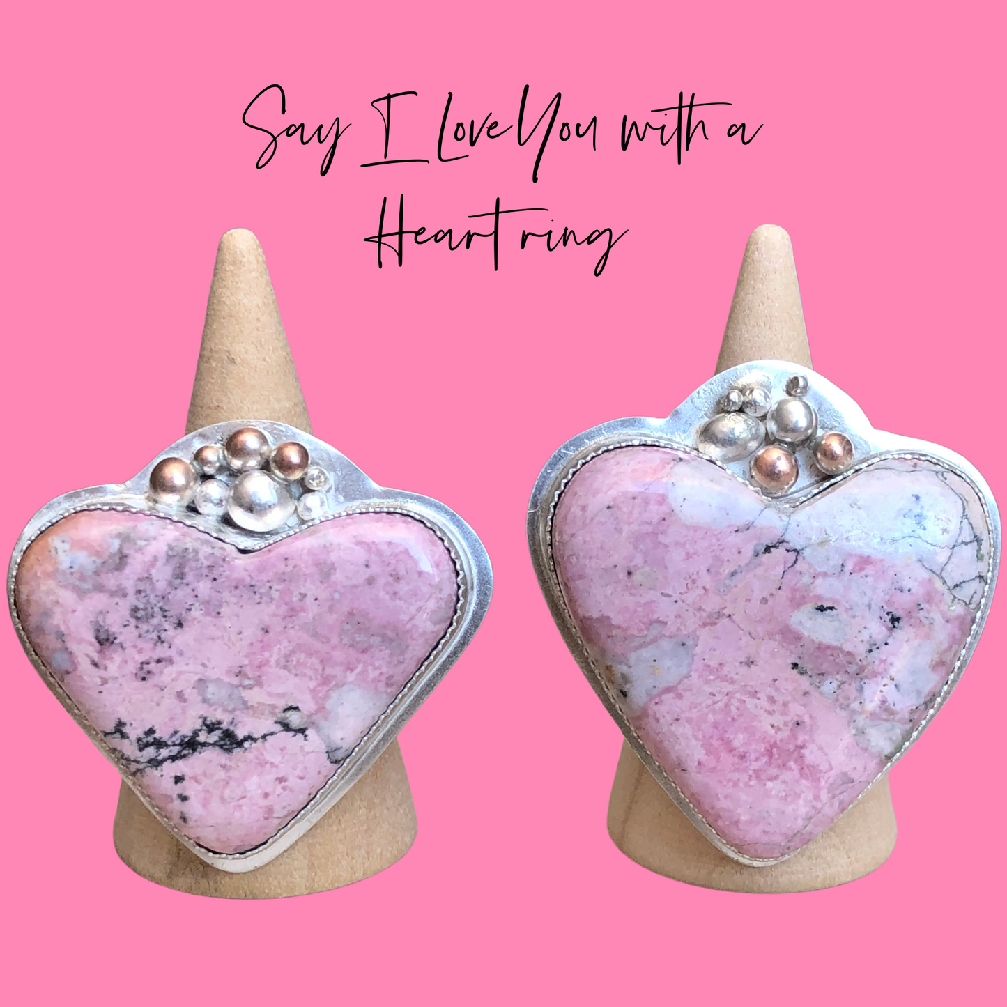 Rhodonite Love: Large Pink Heart Ring in Sterling Silver