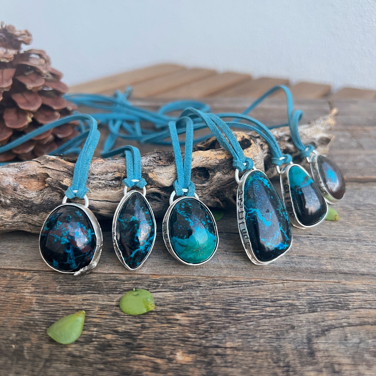 Bisbee Shattuckite sterling silver pendant on blue suede necklace