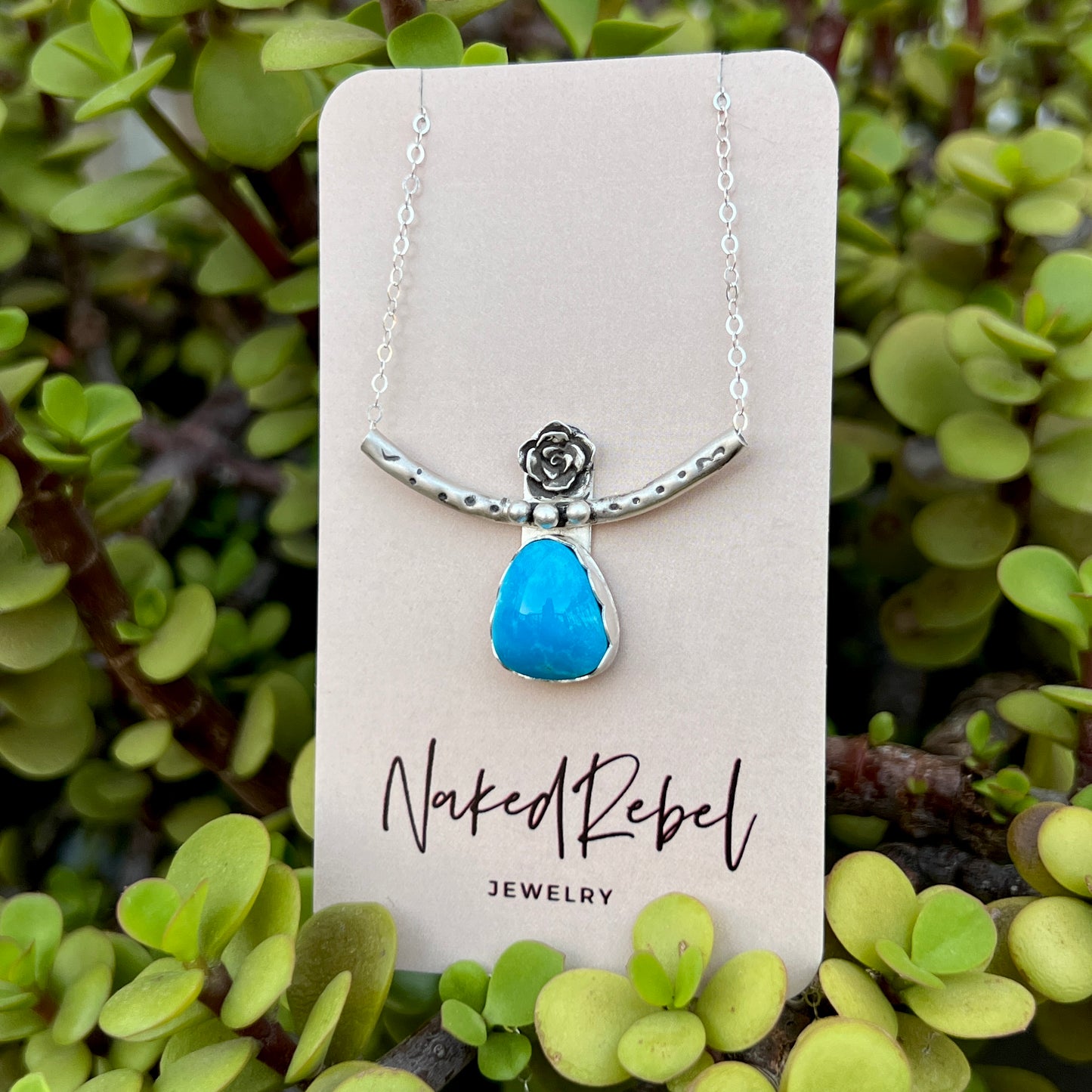 Sleeping Beauty turquoise with rose, Sterling Silver necklace