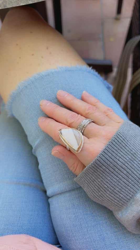 Smokey Petrified Wood Sterling Silver & Gold Ring, Half Moon shape, Matching rings
