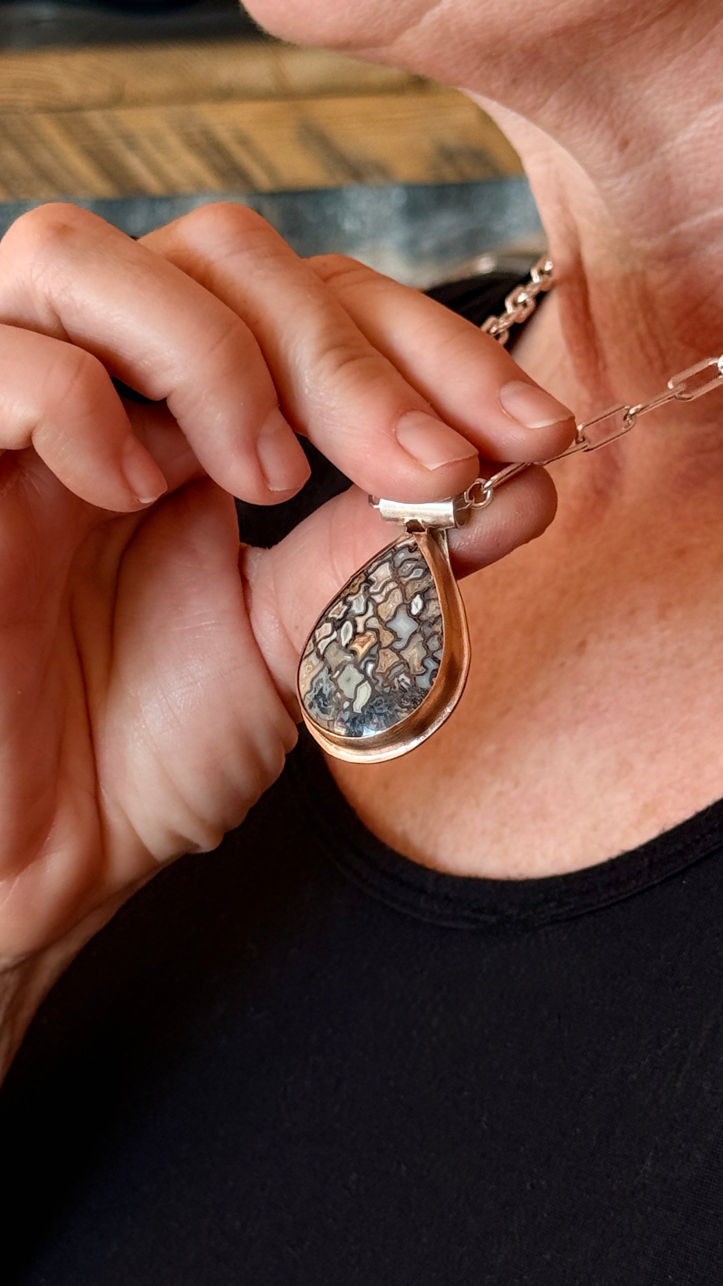 Spotted Petrified Wood large teardrop shaped pendant, Sterling Silver Necklace