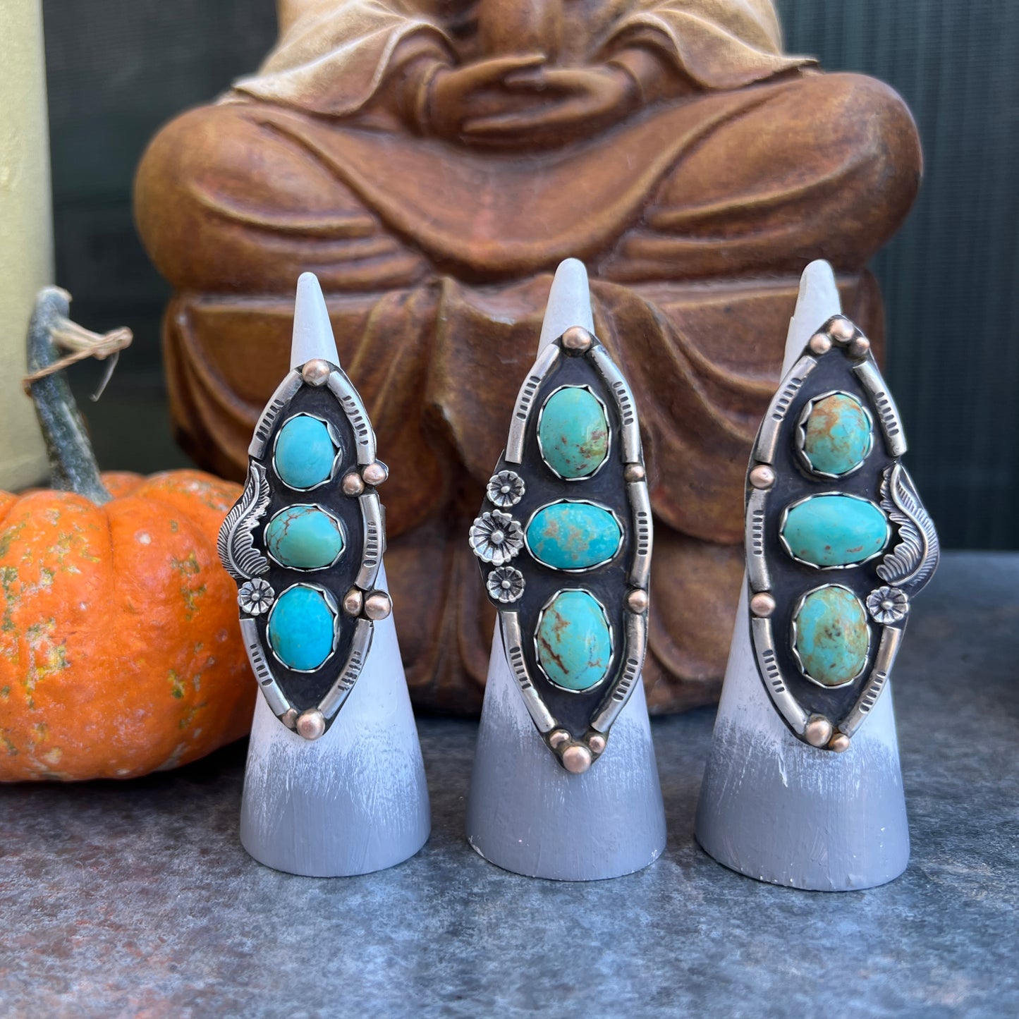 Kingman Turquiose Triple Stone Ring: Sterling Silver