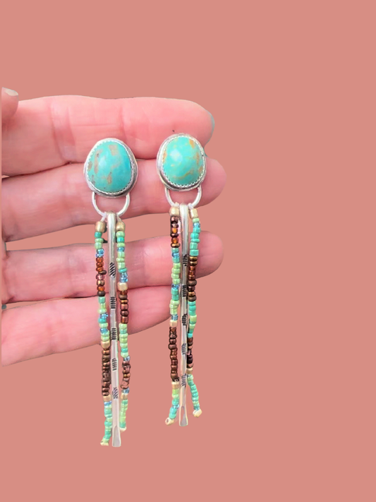 Turquoise Mountain earrings with beaded fringe: Sterling Silver