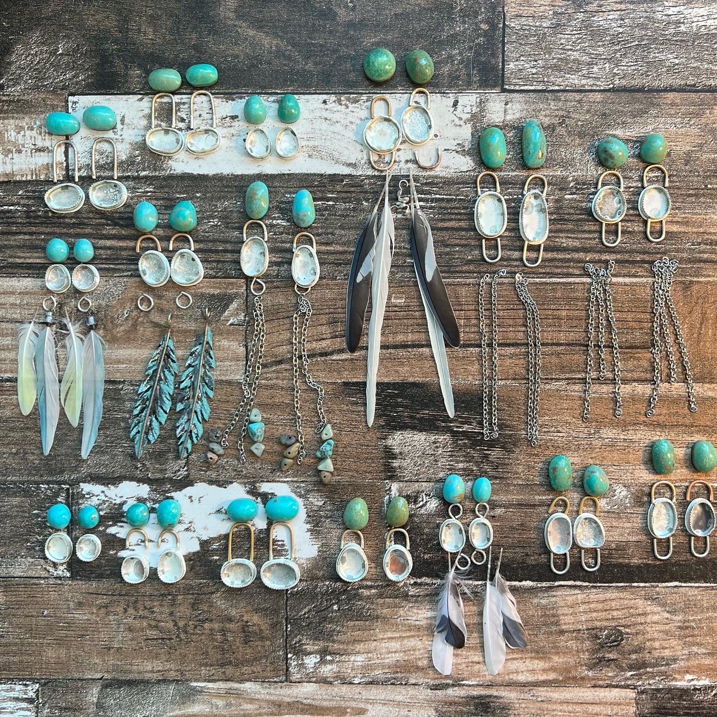 Turquoise earrings with hand painted leather feathers: Sterling Silver