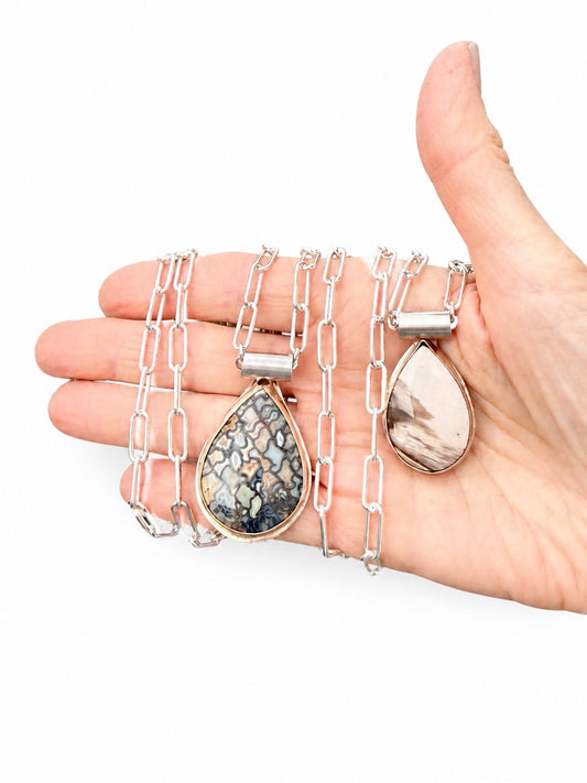 Spotted Petrified Wood large teardrop shaped pendant, Sterling Silver Necklace