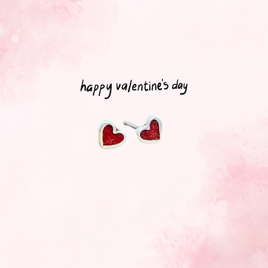 Tiny Red Heart Sterling Silver Stud Earrings: Coral Inlay