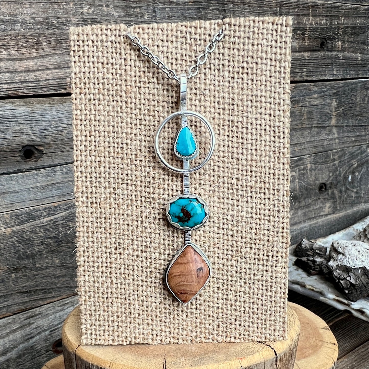 Turquoise and Wood Sterling Silver pendant necklace