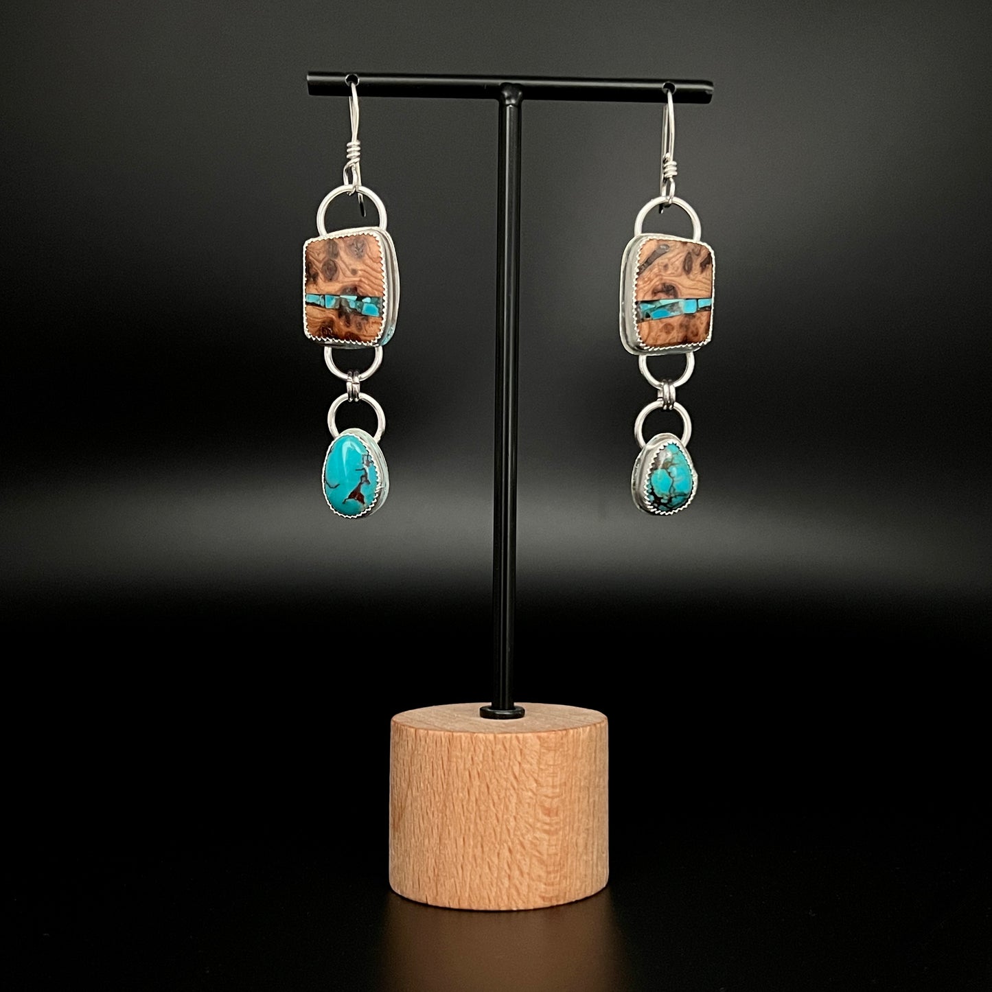 Wood and Turquoise handmade Sterling Silver earrings