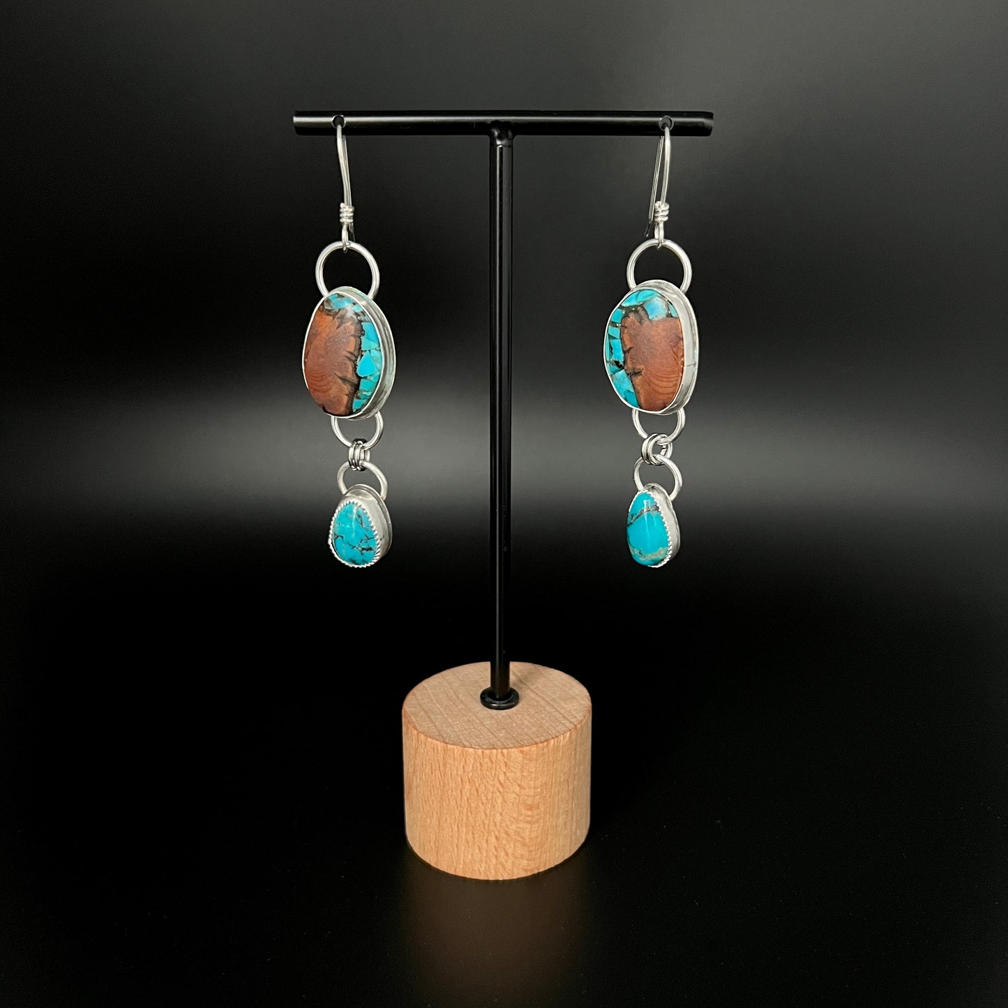 Douglas Fir wood with turquoise inlay handmade Sterling Silver earrings